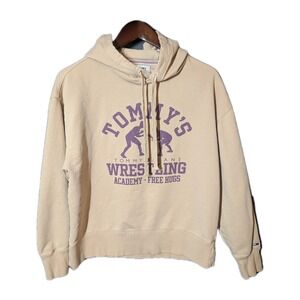 Tommy Jeans Wrestling Hoodie Small Beige Purple Graphic "Free Hugs" Pullover